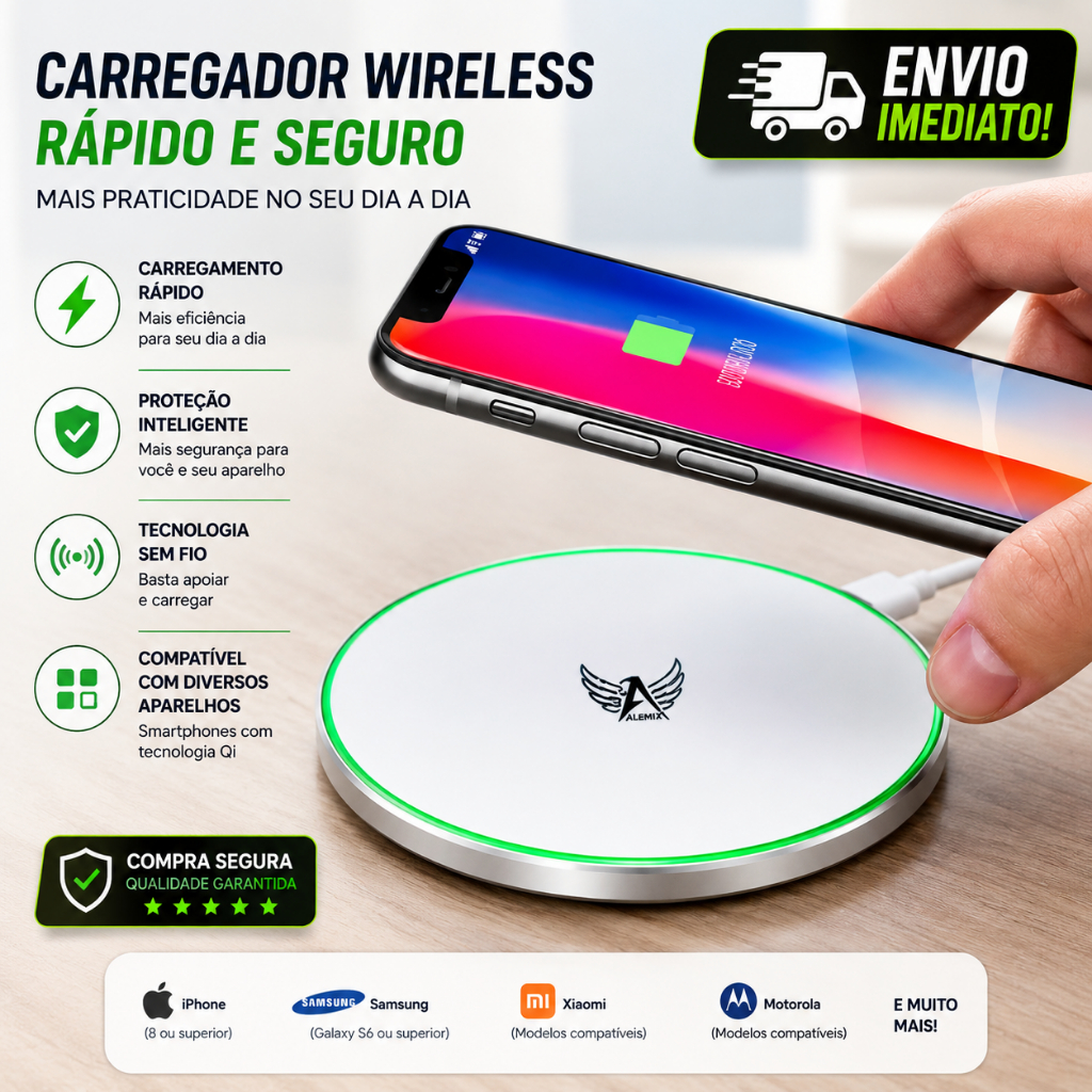 Carregador Sem Fio Rapido 15w Indução Sensor Turbo Fast Para Celular iPhone - Android Universal