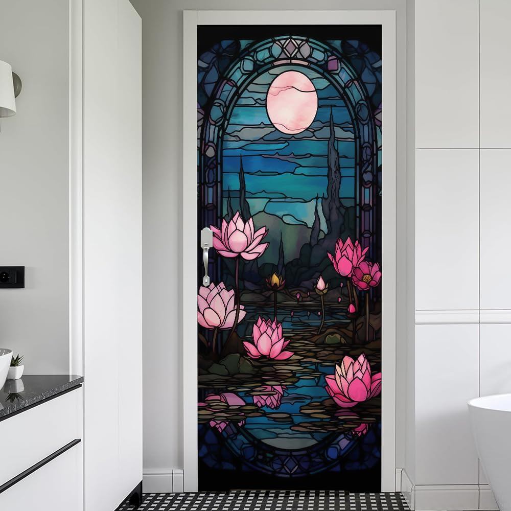 REDAMANCY Adesivos Decorativos de Vinil para Porta, Estilo Vintage, Vidro Manchado, Lótus Rosa Floral, Roxo e Azul Marin