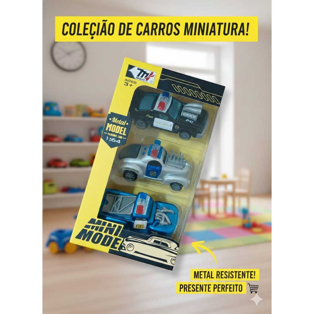 Kit 3 Carrinhos De Metal Mini Mode 1:64 - Coleção Die-Cast Resistente