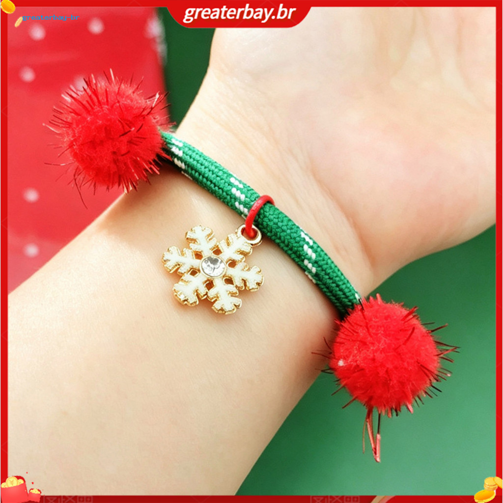 Christmas Green String Bracelet with Charm and Tinsel Pom Poms Adjustable Rope Holiday Gift for Women Festive Handmade J