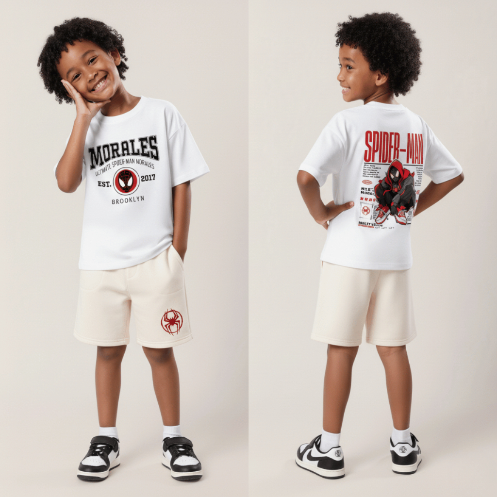 Kit Infantil Homem Aranha Camiseta E Bermuda Verão Blusa Miles Morales 100% Algodão Bermuda Moletom
