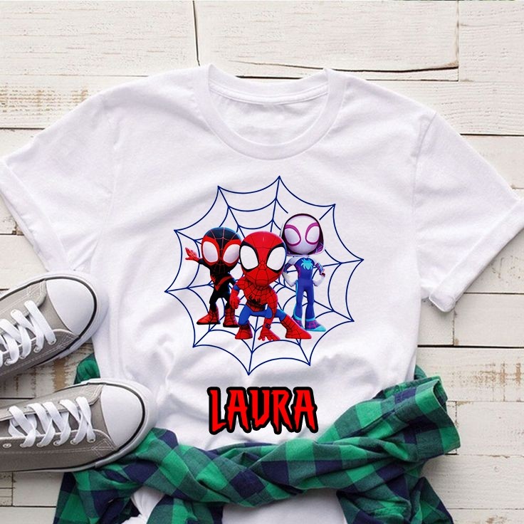 CAMISETA UNISSEX OU BABY LOOK OU PLUS SIZE SPIDEY E AMIGOS MILES MORALES ARANHA FANTASMA PERSONALIZADA COM NOME R24 Tren