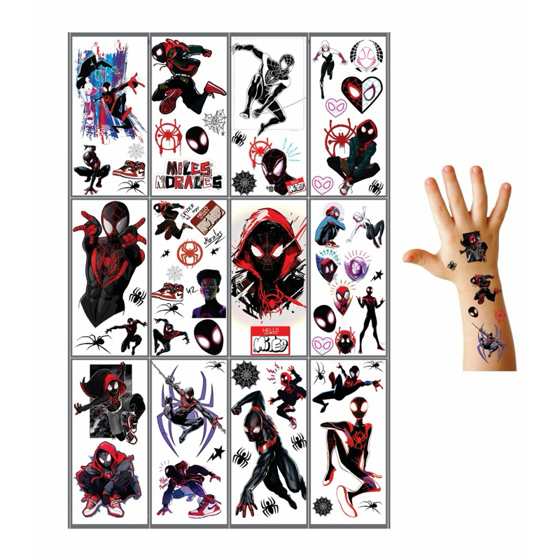 Homem Aranha Preto- Miles Morales- 12 Cartelas com 53 Tattoos Tatuagem Temporária Infantil