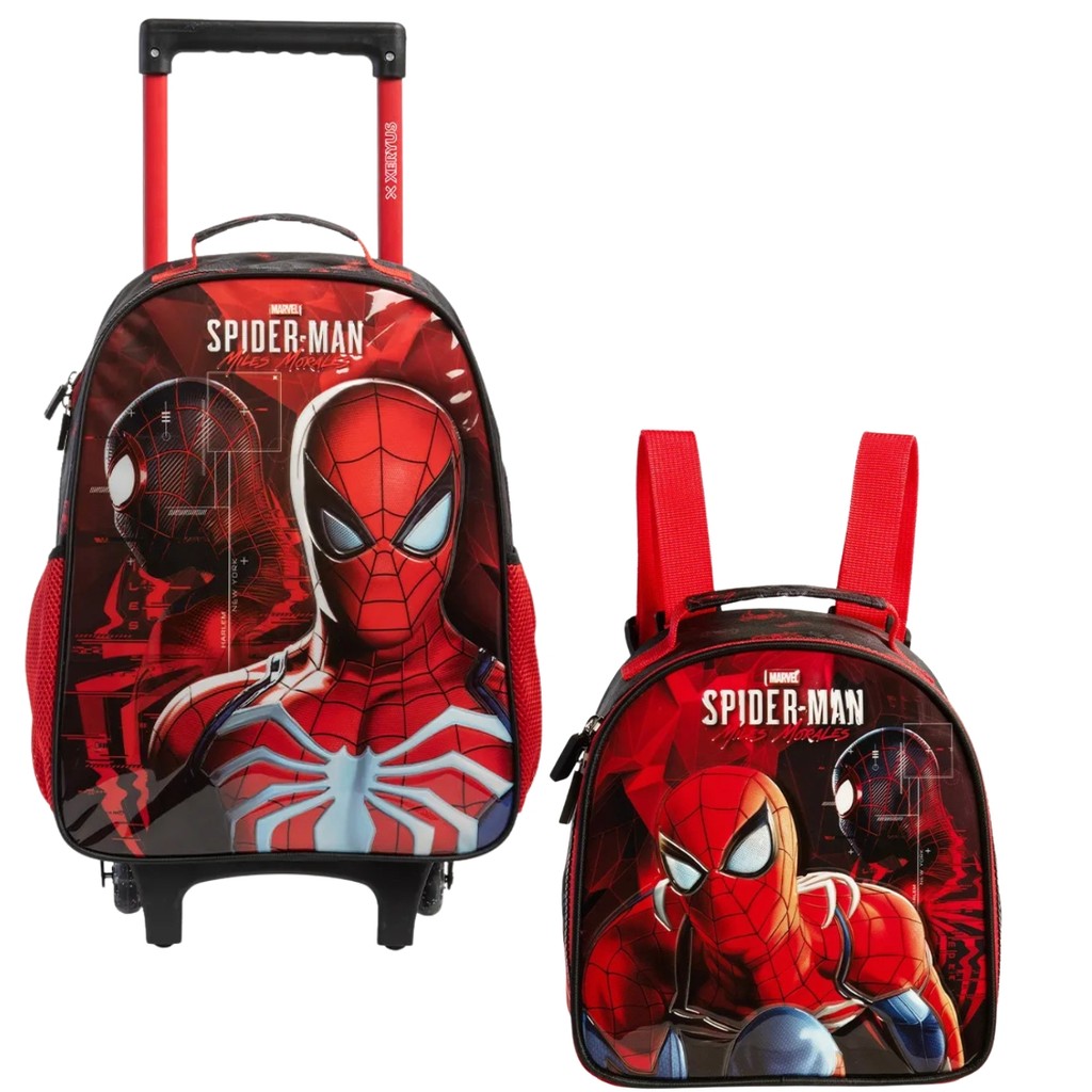 Kit Mochila Rodinhas Creche Lancheira Térmica Infantil Escolar Spiderman Homem Aranha  Miles Morales Xeryus