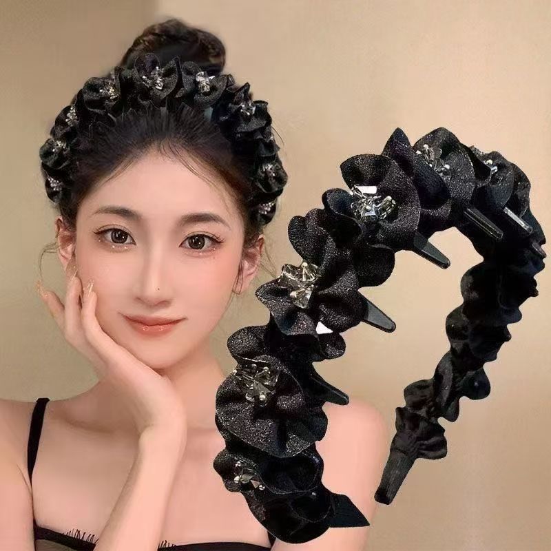 Pedra de cristal high-End sentir borda Agaric preto bandana feminino plissado alta manivela superior para fora com dente