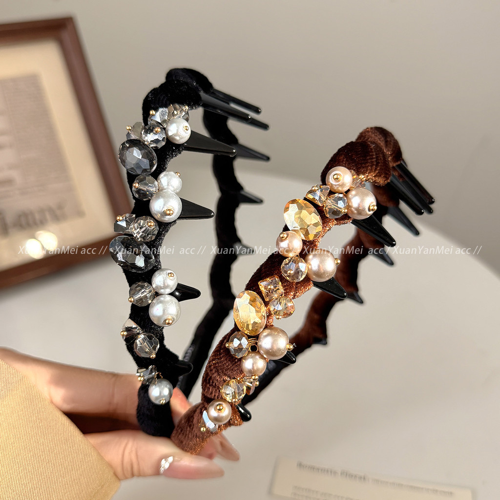 Luz de luxo high-End sentimento pérola cristal bandana feminino 2026 high-Top Hairpin com dente mostrando elegante banda