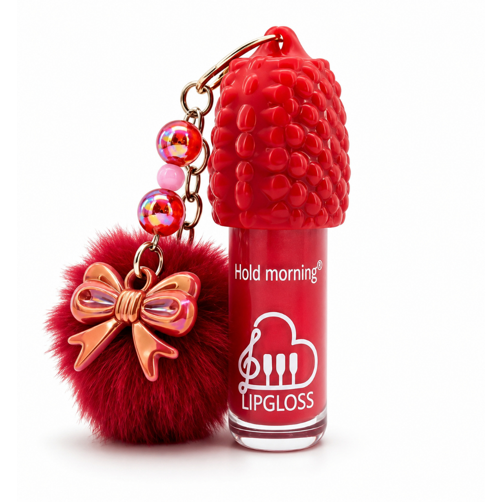 Gloss Labial Morango Pompom com Chaveiro Fofo Lip Oil Brilho Hidratante Cheiro Adulto Infantil