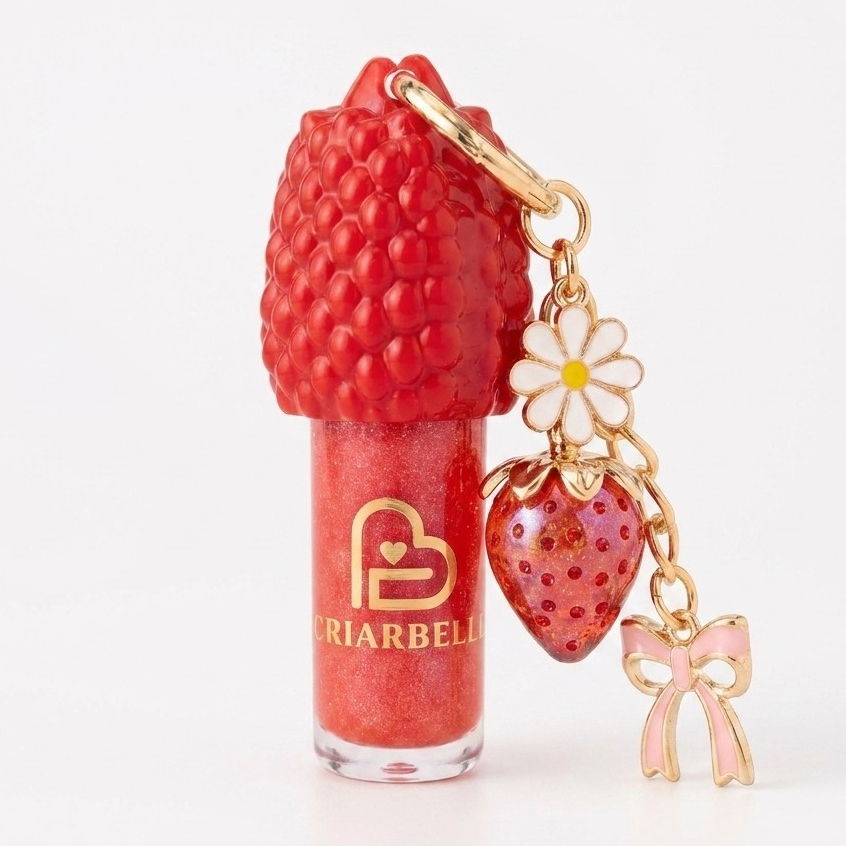 Gloss Labial Morango com Chaveiro Fofo Lip Oil Brilho Hidratante Cheiro Adulto Infantil