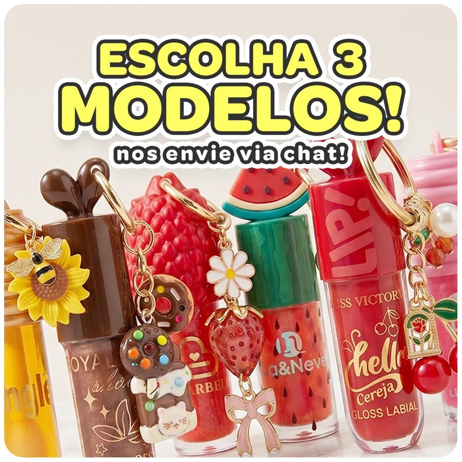 3 Gloss Labial Chaveiro Lip Oil Hidratante com Brilho Modelos Variados Infantil e Adulto