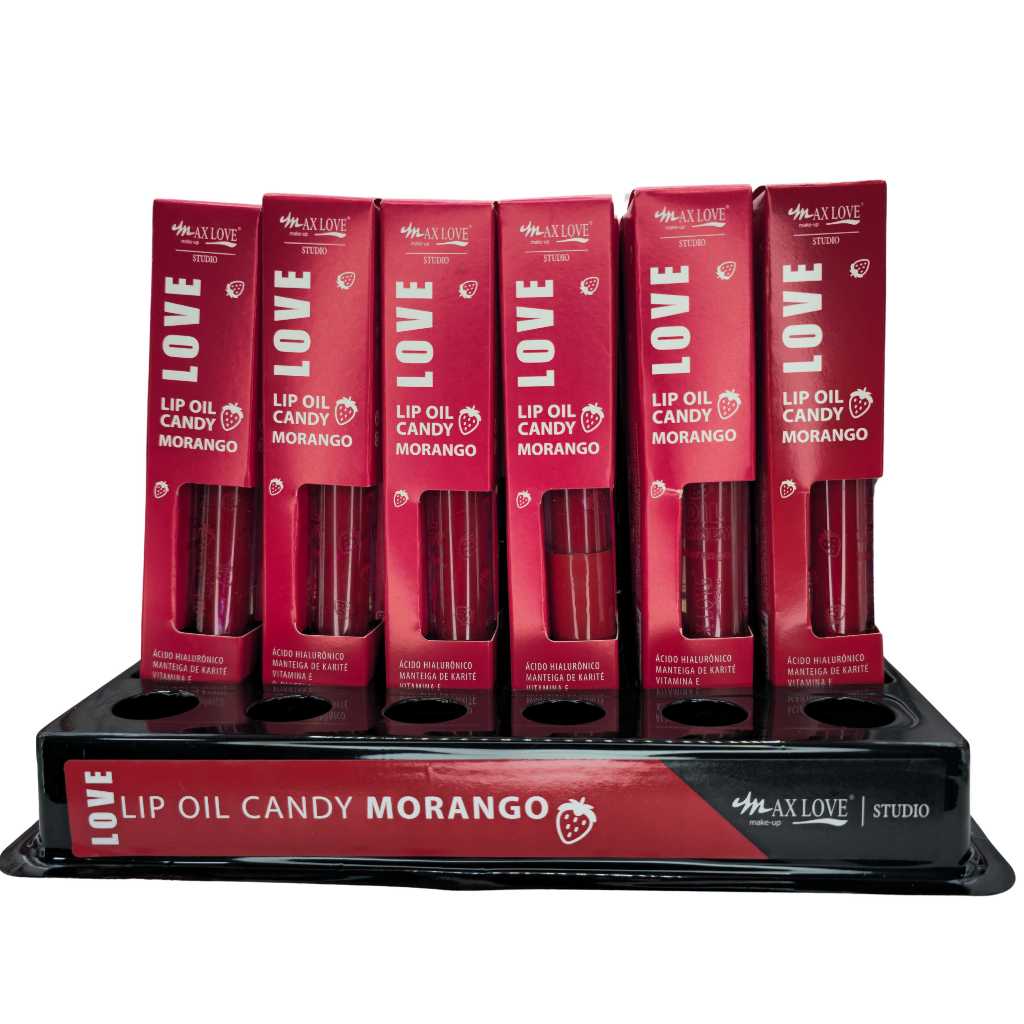 BOX C/ 36 LIP OIL CANDY MORANGO MAX LOVE — HIDRATAÇÃO INTENSA E BRILHO ESPELHADO