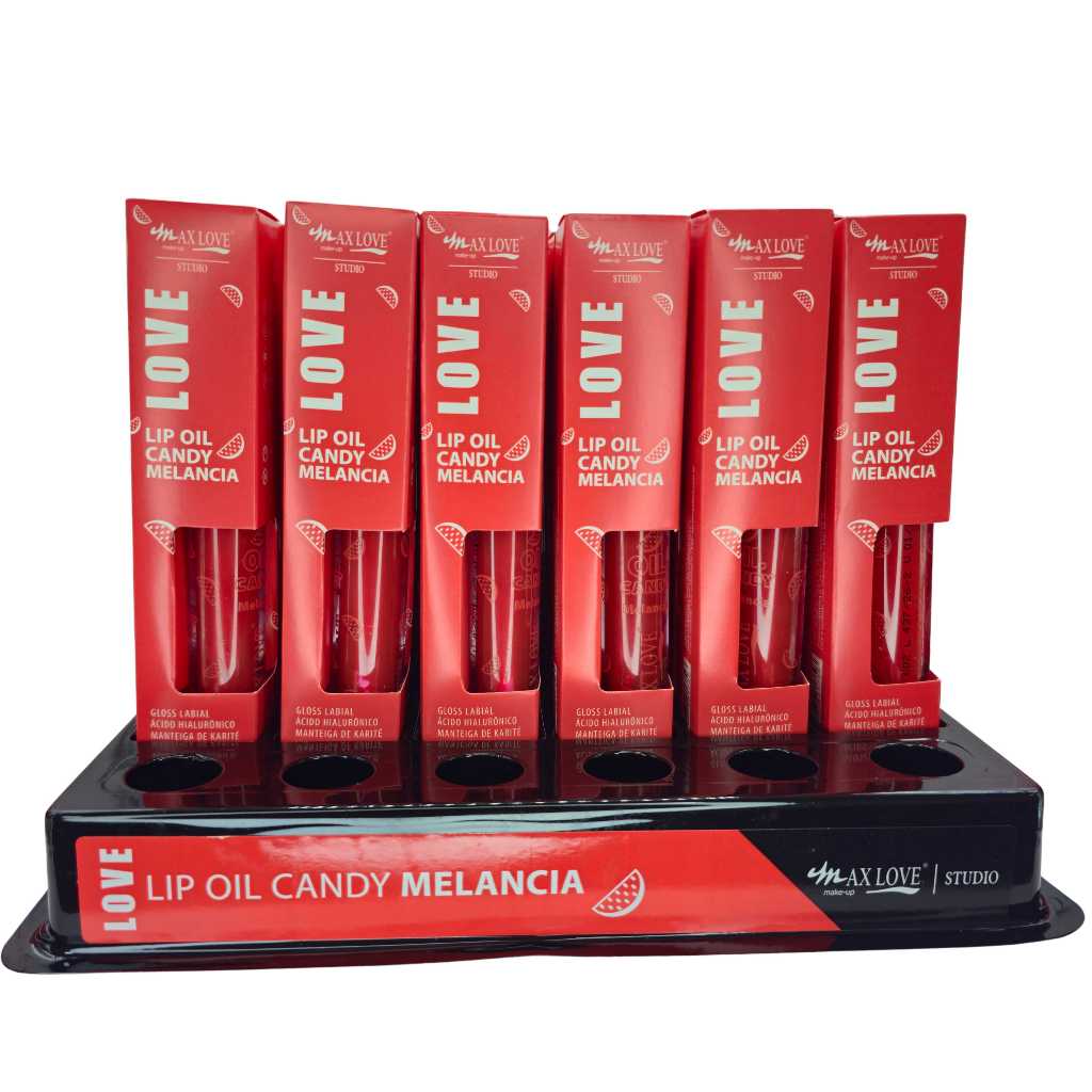 BOX C/ 36 LIP OIL CANDY MELANCIA MAX LOVE — HIDRATAÇÃO INTENSA E BRILHO ESPELHADO