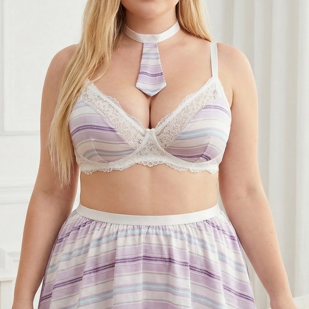 M820 Terno Listrado De Retalhos De Renda Plus Size Para Mulheres