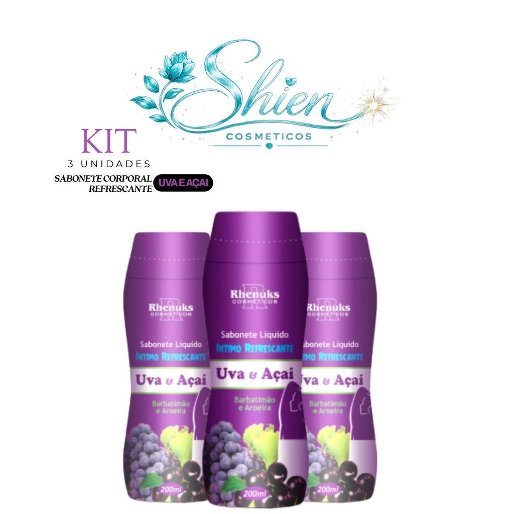Kit 3 Unidades Sabonete Líquido Íntimo Refrescante Uva e Açaí 200Ml Rhenuks (Afilhado)