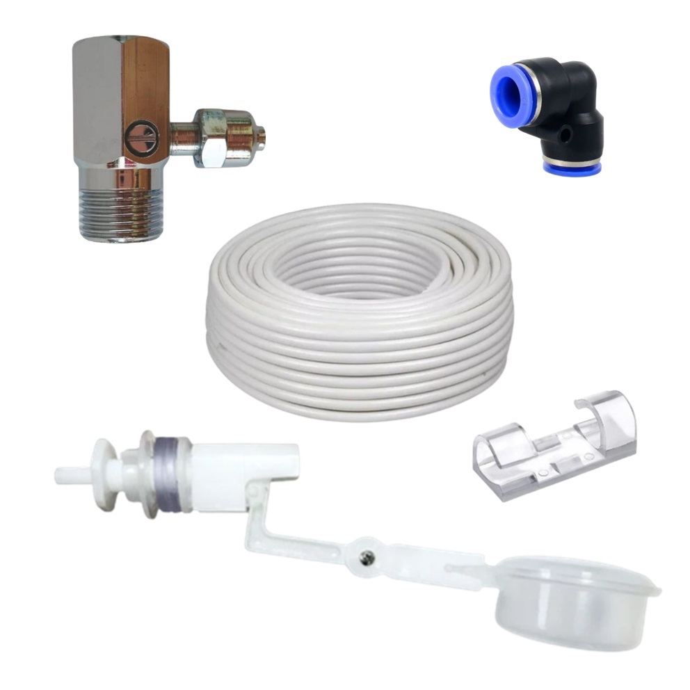 Kit Boia de Nível + Adaptador Rosca Macho e Fêmea ½” e Saída ¼” + Engate L ¼” + Mangueira ¼” + Clips