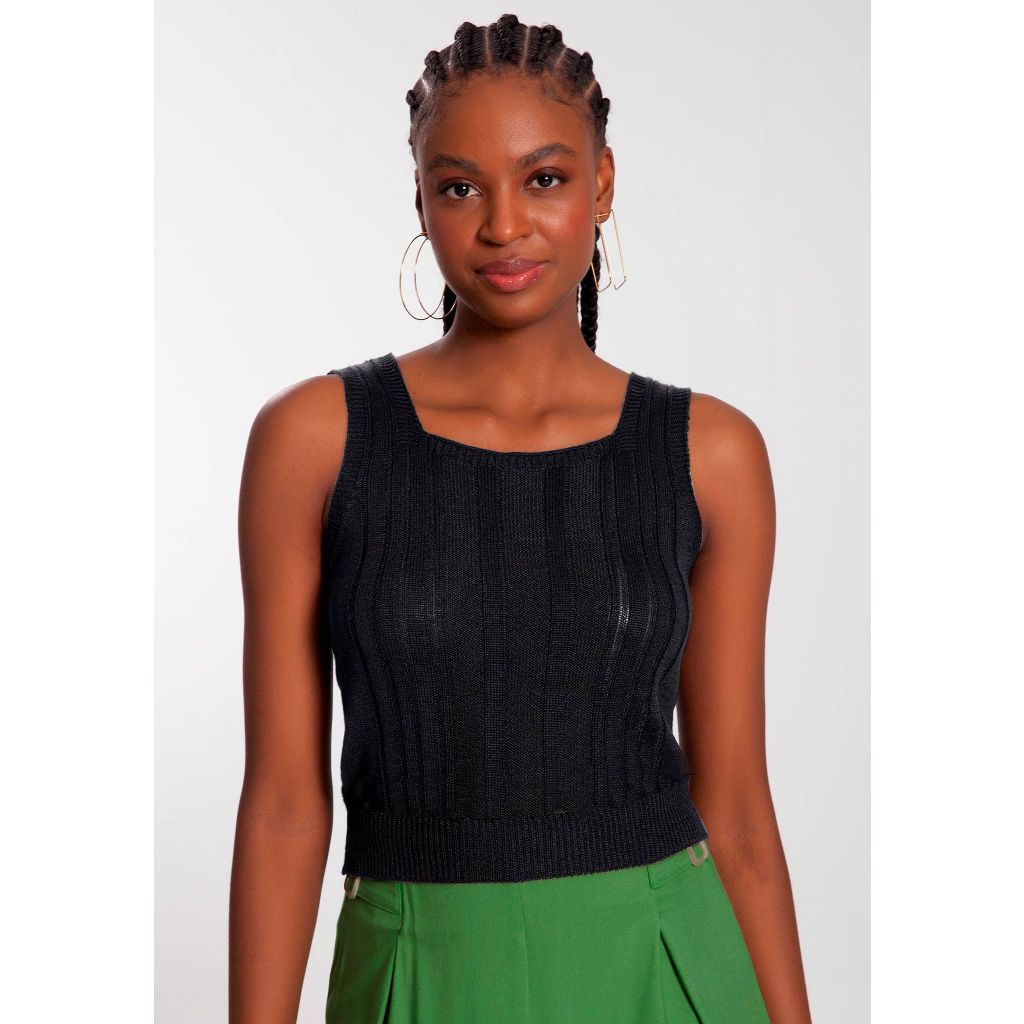 Blusa Tricô Lunender Decote Quadrado Preto, Verde, Branco Off - 35613