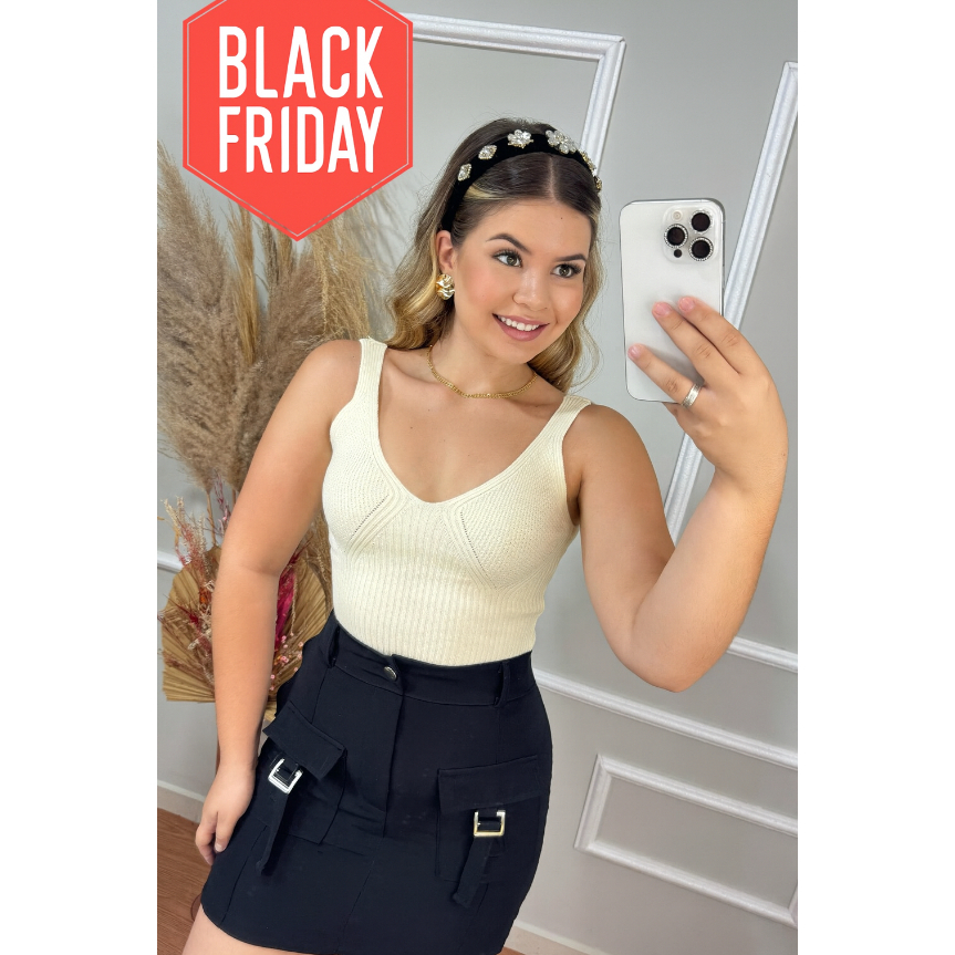 Blusa Cropped  Regata Canelada Feminina Trico Modal Decote V Costa Quadrada Busto Texturizado