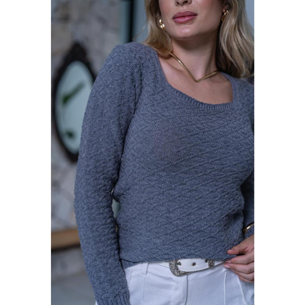 Blusa Modal Básica Casual Suéter Tricô Tendência Decote Quadrado Atemporal