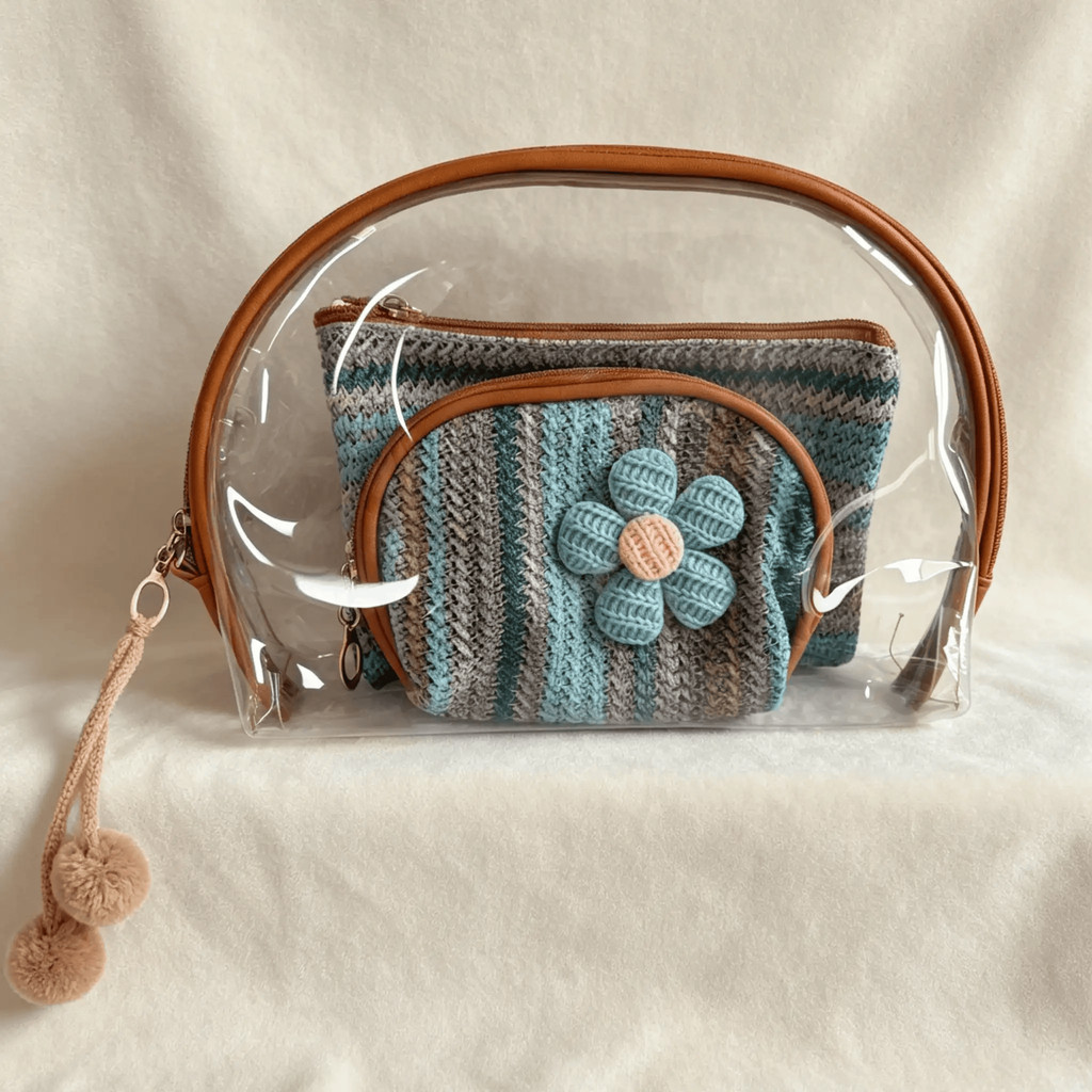 Conjunto Bolsas 3 em 1 Transparente Meia Lua e Quadrada Estilo Tricô com Detalhe de Flor