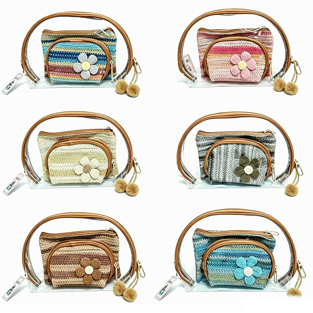 Bolsa 3 em 1 Transparente Quadrada e Meia Lua de Tricô com Flor Organizadora Multiuso