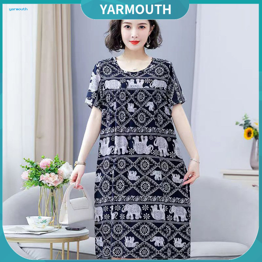 Stretchy Dress Women Cotton Silk Women’s Floral Nightdress Loose Fit Knee-length Midi Nightgown Homewear Round Neck Pl