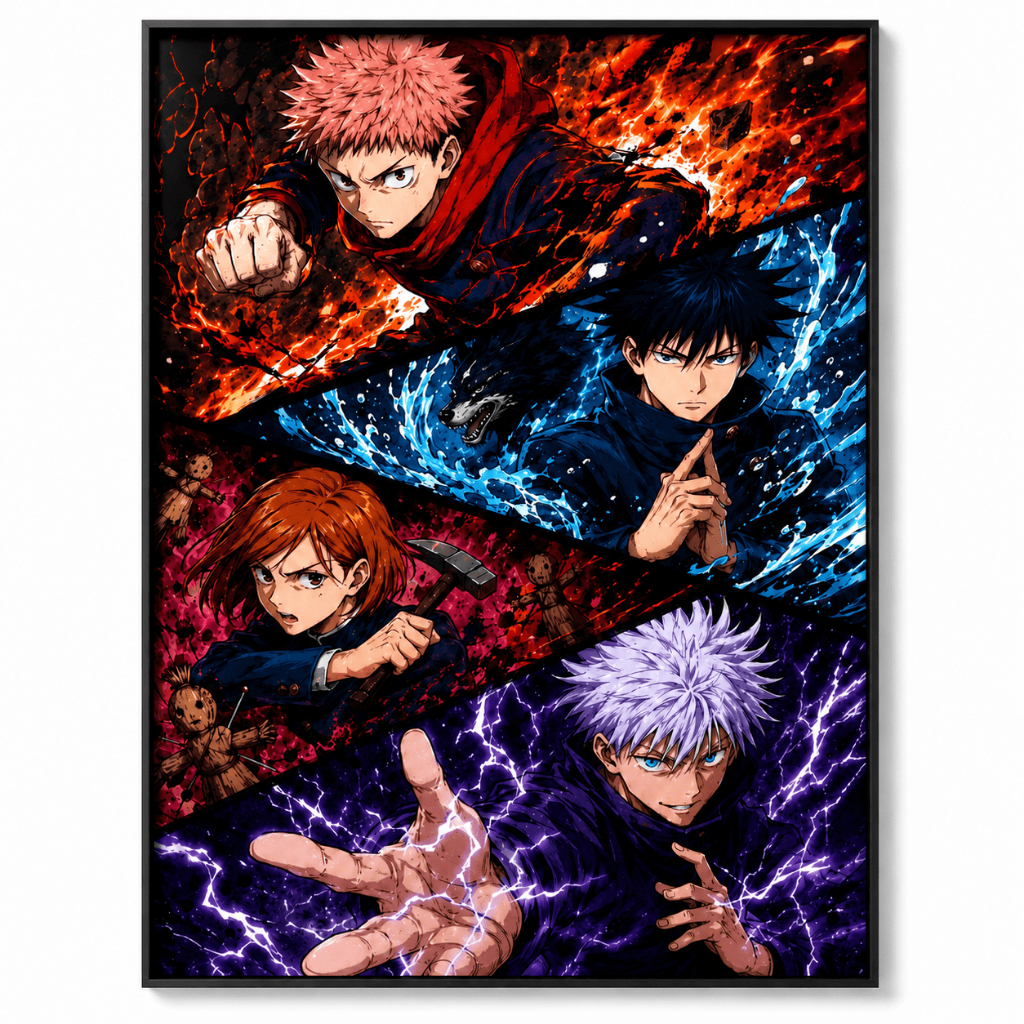 Quadro PREMIUM JUJUTSU KAISEN Itadori Megumi Nobara Gojo A4 21x30cm com Moldura Preta Anime