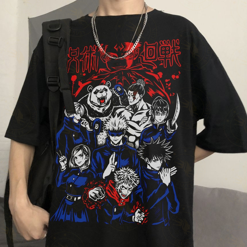 Camiseta preta oversize Anime Jujutsu Kaisen Satoru Gojo Itadori Megumi Nobara Unissex Casual