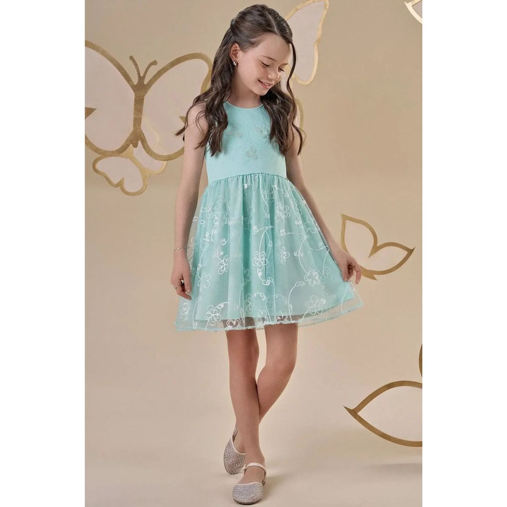 Vestido Menina Regata Em Tule Bordado Infanti