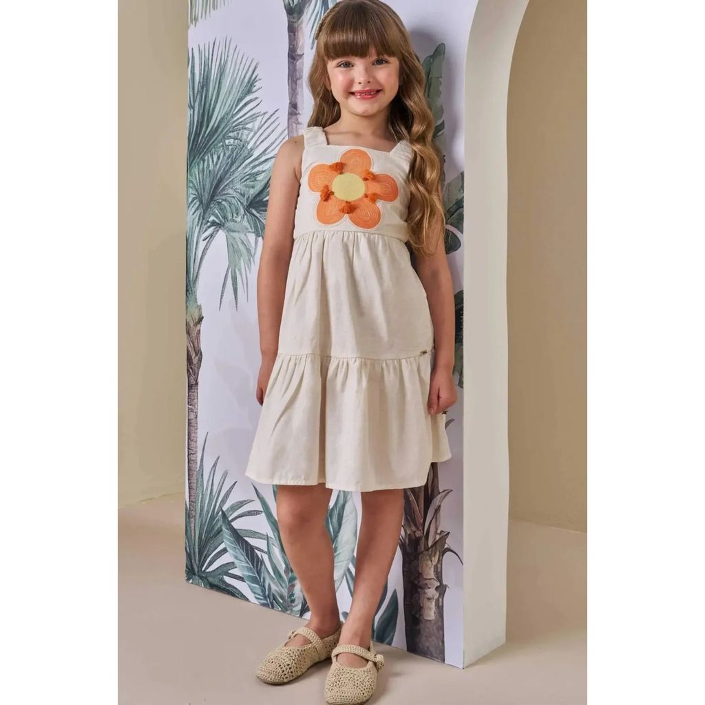 Vestido com Alça Aplique Flor em Linho Infanti