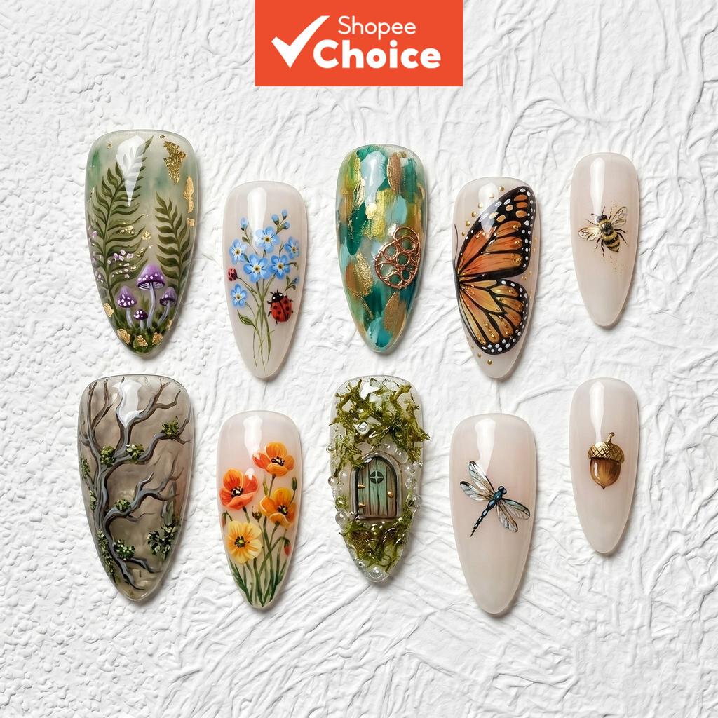 Artisan Handcrafted 10PCS Unha Postiça Romântica e Sonhadora em Amêndoa | Designs de Flores e Borboletas Pintados à Mão,