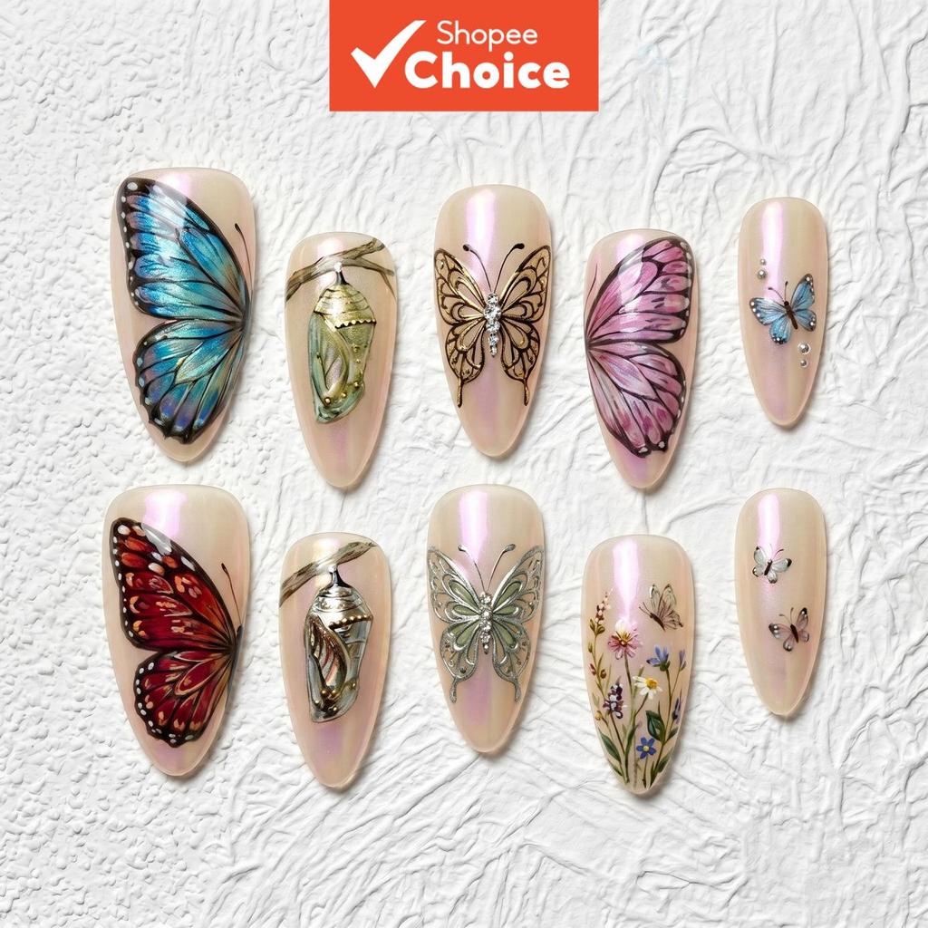 Artisan Handcrafted 10PCS Romantic Almond Press-On Nails | Borboletas pintadas à mão, Crisálidas, Strass, Unhas para