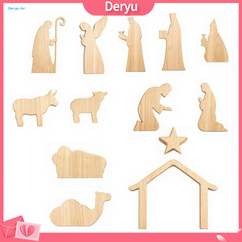 Handcrafted Wood Nativity Figures 13pcs Wooden Christmas Scene Set – Mini Holy Family Figurines Tabletop Manger Decora