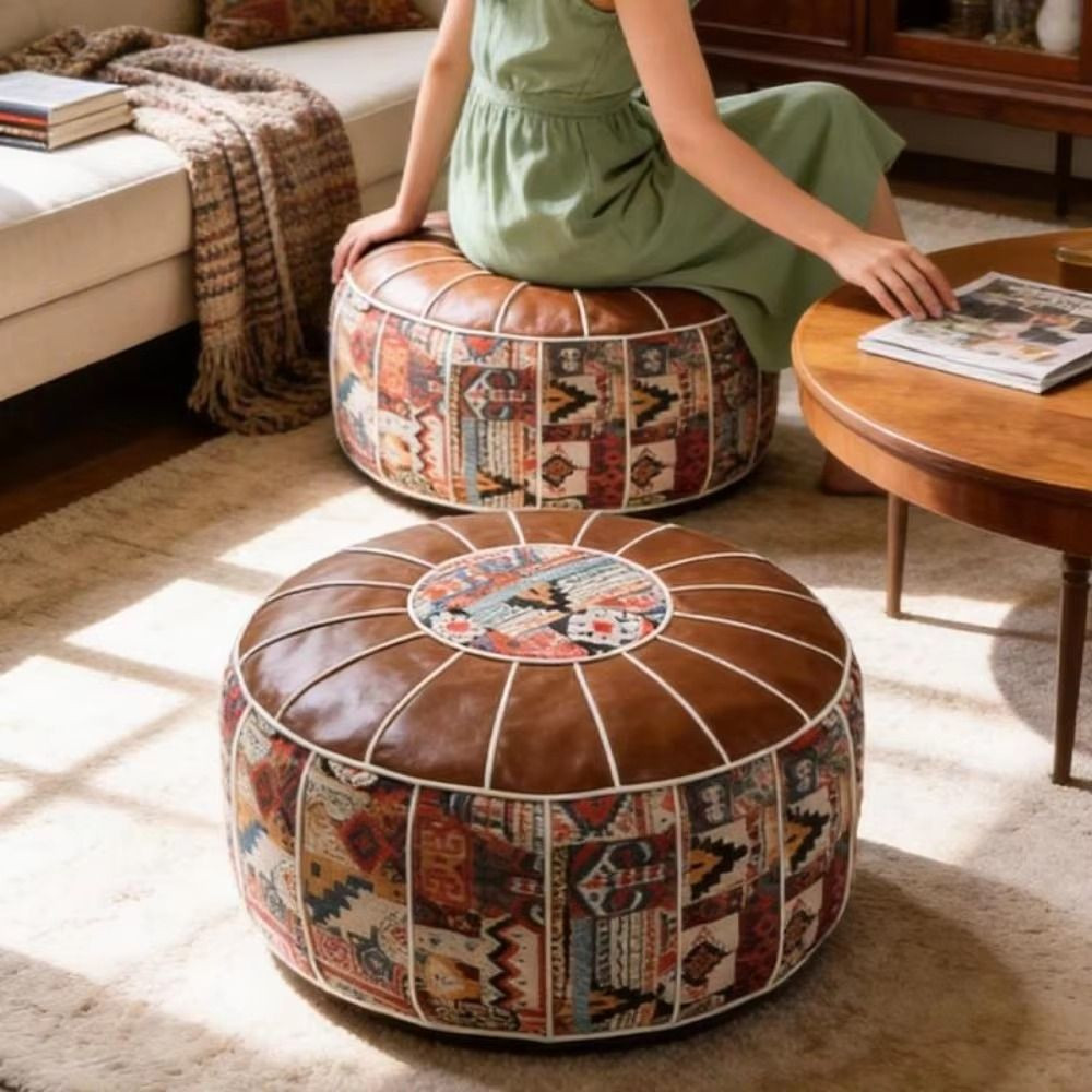 Capa De Almofada De Assento Boho , Pufe De Abóbora De Couro De Grande Capacidade , Bolsa De Armazenamento Artesanal Bord