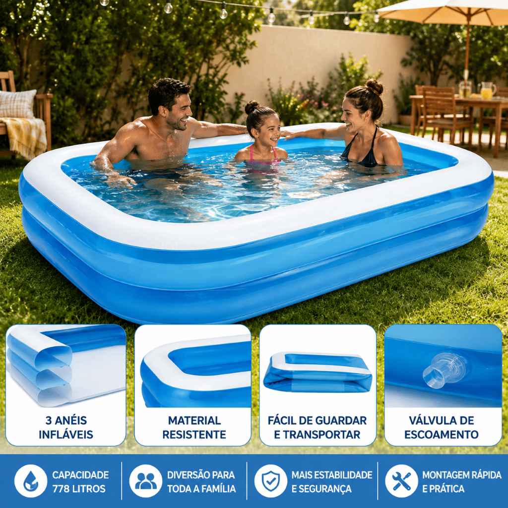 Piscina Inflável Retangular Grande Capacidade 778 Litros Material Resistente Uso Familiar Verão