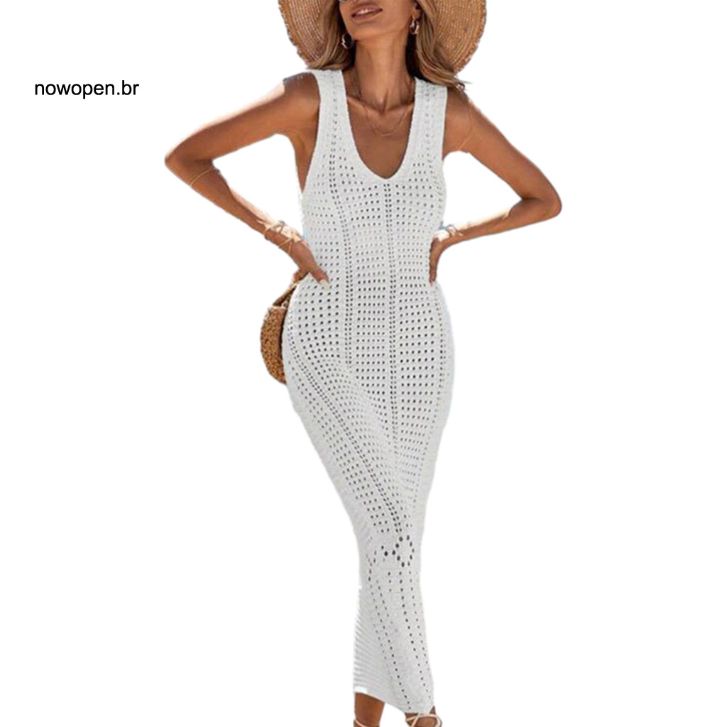 Crochet Dress Cover Skirt Beachwear Women’s Beach Cover-up Sundress V Neck Hollow Out Maxi with Adjustable Straps Ligh