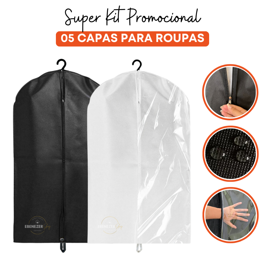 Kit 5 Capas Protetor Terno, Vestido E Noiva Roupa TNT Resistente Visor C/ Zíper Alça Organizador Guarda Roupa Antimofo