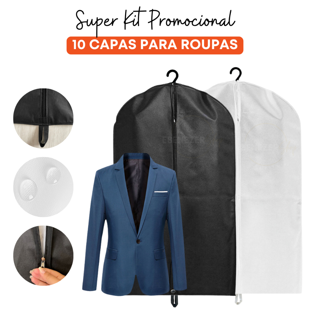 10 Capas Para Terno protetor para Jaqueta Blazer em TNT Impermeável C Zíper Anti mofo Organizador