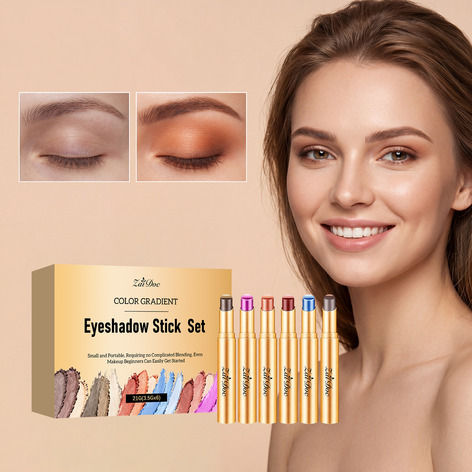 Conjunto De Bastão De Sombra Multicolorido De Longa Duração-6 Peças À Prova D'água Cremoso , Natural , Caneta De Contorn