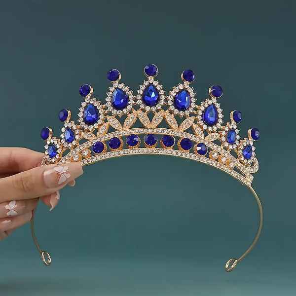 Coroa AZUL ROYAL COM DOURADO ESTILO RAINHA ELEGANTE, Tiara de Rhinestones, Liga de Zinco