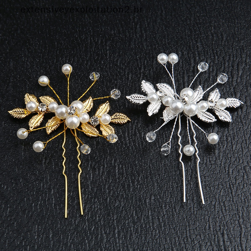 Fashion Crystal Pearl Flower Hair Pins Clipes Em Forma De U Hairpin Gold Leaf Fork Noiva Cabeleireiro Acessórios De Rhinestone Headpiece .