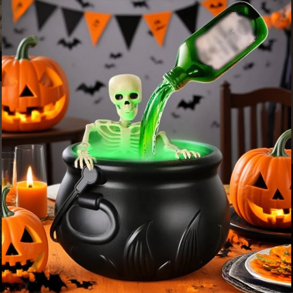 7.7in Cauldron Halloween Decor w/ Magic Floating Potion Bottles & Skeleton