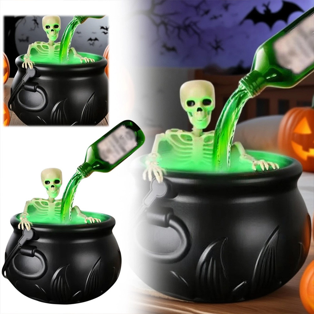 Halloween Witch Cauldron with Skeleton and Spilling Green Potion Tabletop Party Decor Prop