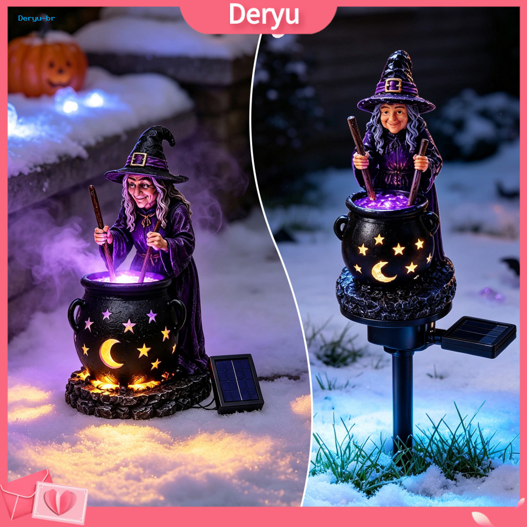 Holiday Gift for Her Solar Powered Outdoor Lights Witch Statue with Glowing Cauldron Halloween Garden Light Resin Decora