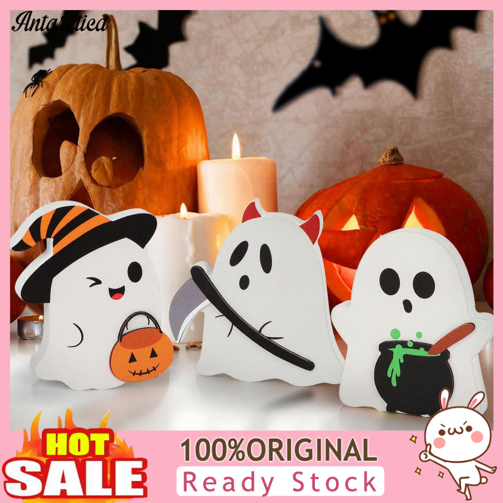 Cute Halloween Ornaments Party Table Accents 3pcs Wooden Ghost Decor Set with Candy Pumpkin Cauldron – Spooky Tabletop