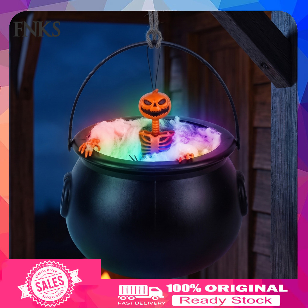 Halloween Cauldron with Skull Plastic Witch Pot Decoration Light Color Changing Glowing Pumpkin Hanging Decor Spooky Out
