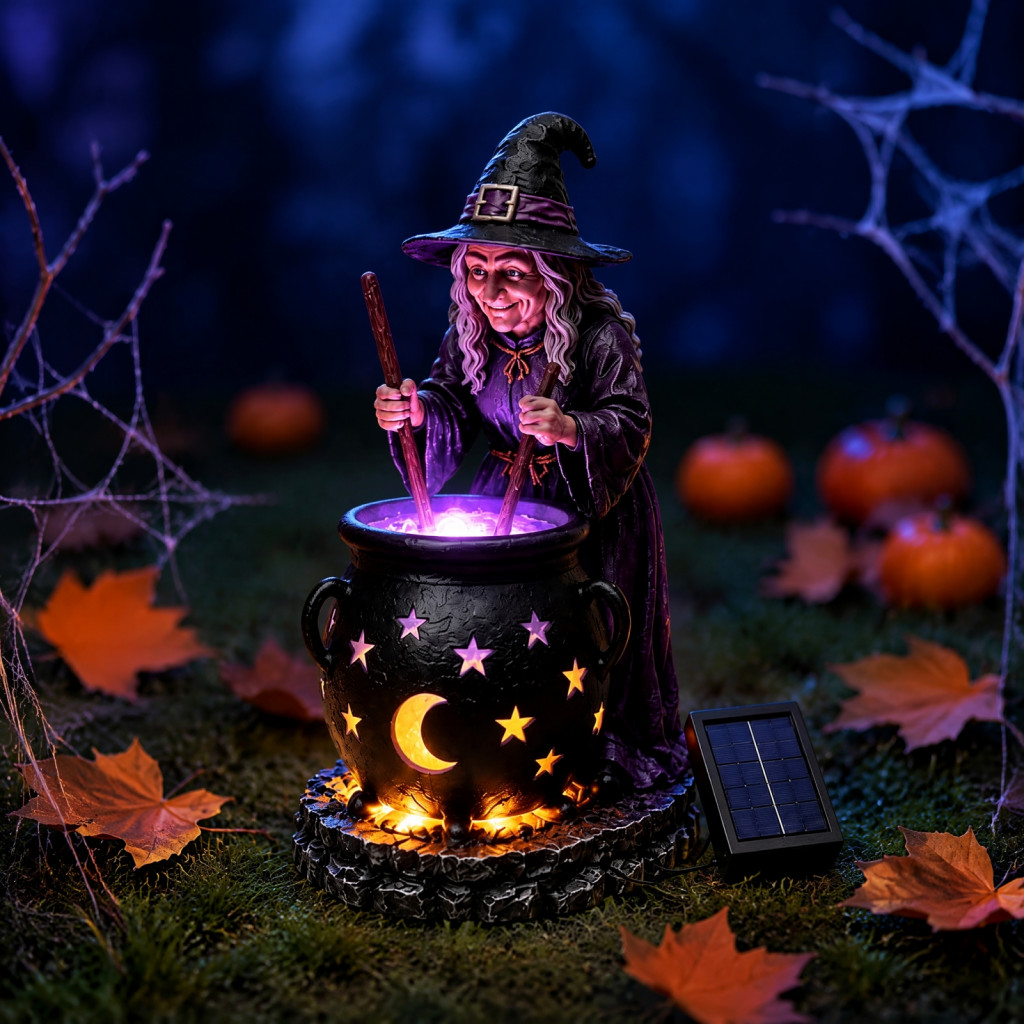 Solar Witch Statue with Glowing Cauldron Outdoor Halloween Garden Light Resin Figurine Yard Lawn Porch Path Decor Perfec
