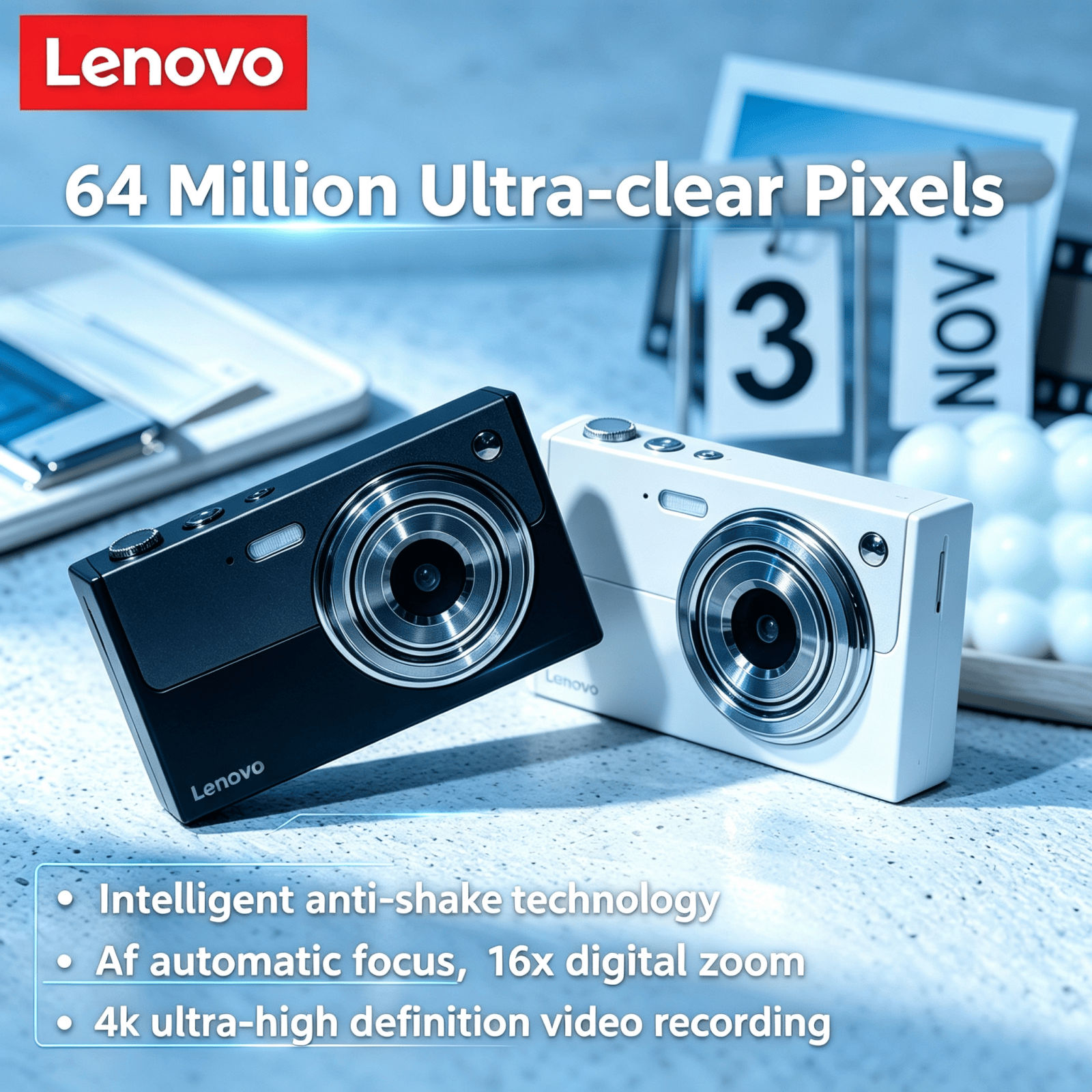 Câmera Digital CCD Lenovo XJ22 64 Megapixels, câmera compacta para estudantes, viagem, vídeo antishake, autofoco, com