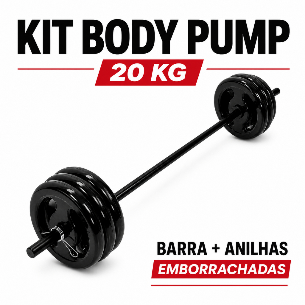 Kit Completo Body Pump C/barra E 20kg De Anilha Emborrachada Musculação Supino Fortalecimento