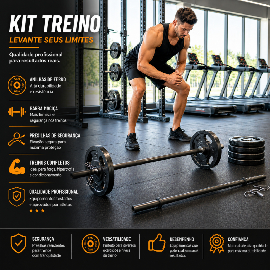 Kit Treino Musculação Aula Pump - Barra + Ate 20Kg De Anilhas Pintada + Presilhas Treino Peso