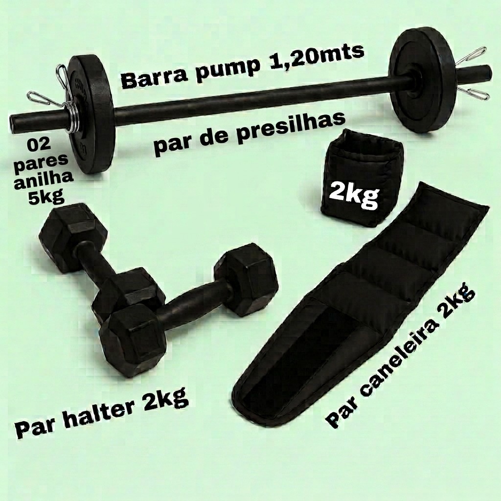 Kit Barra Pump + 20Kg De Anilhas + Caneleira  2Kg + Halter 2kg