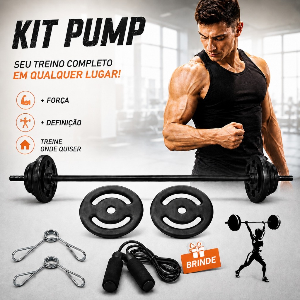 Kit Musculação Barra Pump + Ate 20Kg de Anilhas Pintadas + Presilhas + Corda de Pular Brinde | Treino em Casa